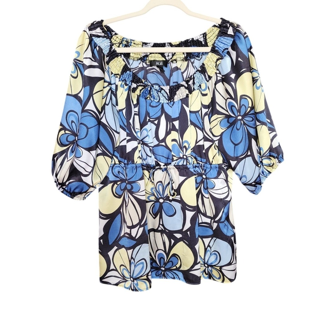 AGB‎ Womens Peplum Blue Floral Elastic Waist Scoop Neck 3/4 Sleeve Top XL